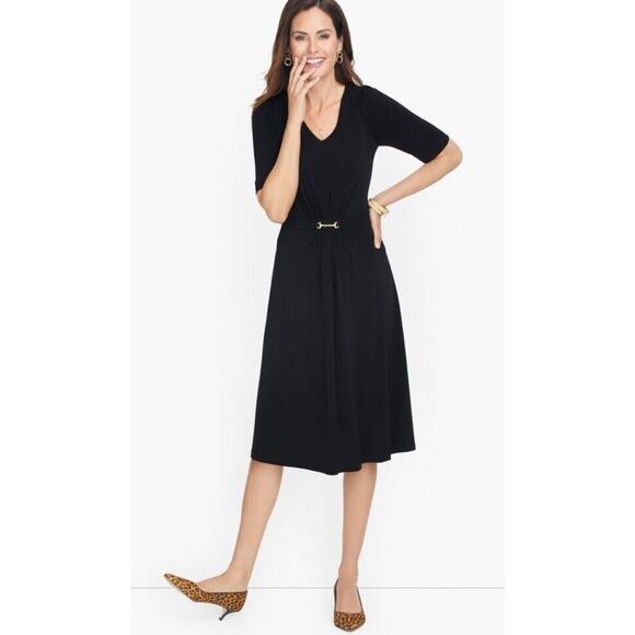 New $139 Talbots Jersey Polished Crepe Fit‎ & Flare Dress Gold Buckle Black 10P - Picture 1 of 5